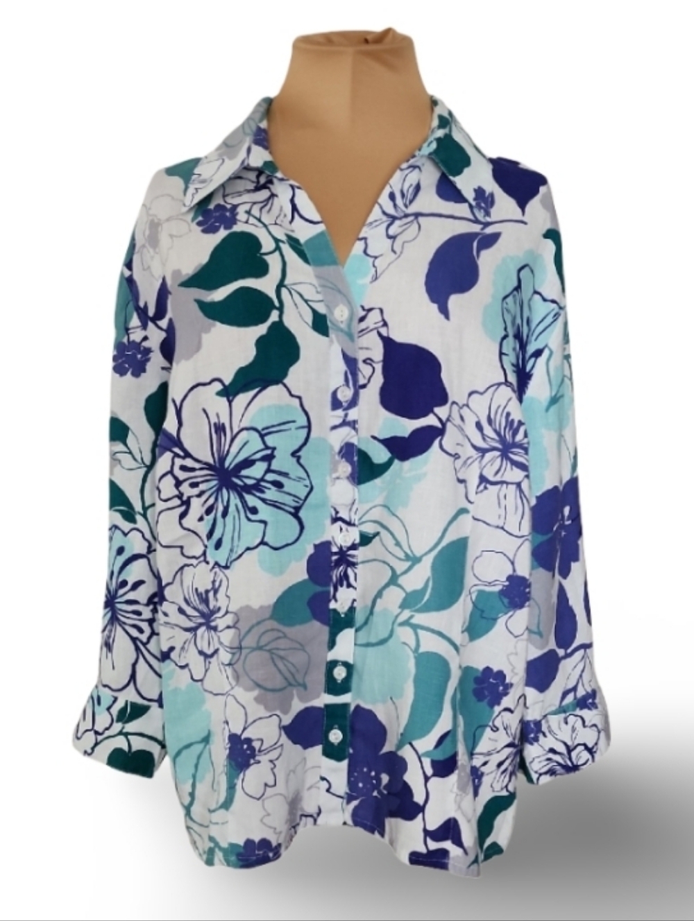 JM Collection Blue Floral Linen Blend Blouse Relaxed Resort Top See Measurements